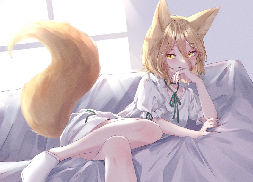 1girl, animal_ear_fluff, animal_ears, blouse, brown_eyes, brown_hair, couch, fox_ears, fox_girl, fox_tail, hand_to_own_mouth, highres, kudamaki_tsukasa, lying, mizore_arius, on_side, shirt, short_hair, short_sleeves, shorts, smile, socks, solo, tail, touhou, white_footwear, white_shirt, white_shorts