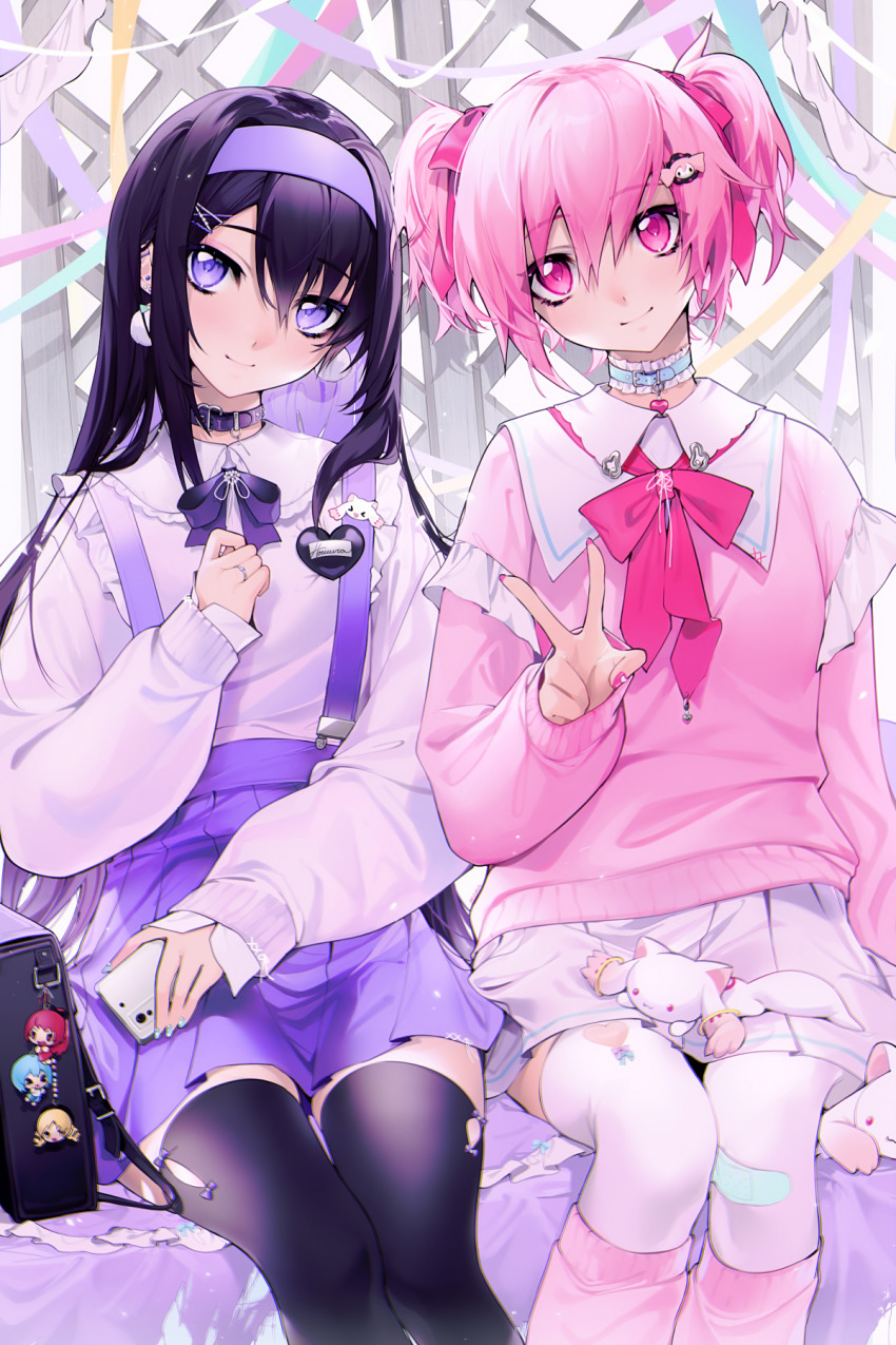 2girls, akemi_homura, bad_id, bad_pixiv_id, black_hair, black_thighhighs, blouse, bow, character_doll, character_name, charm_(object), chromatic_aberration, collar, collared_shirt, colored_inner_hair, doll, frilled_collar, frilled_suspenders, frills, hair_bow, hairband, highres, jewelry, kaname_madoka, kyubey, long_hair, long_sleeves, loose_socks, mahou_shoujo_madoka_magica, mahou_shoujo_madoka_magica_(anime), mazamuno, miki_sayaka, multicolored_hair, multiple_girls, nail_art, nail_polish, name_tag, phone, pink_bow, pink_eyes, pink_hair, pink_legwear, pink_nails, pink_sweater, pleated_skirt, purple_eyes, purple_hair, purple_ribbon, purple_skirt, ribbon, ring, sakura_kyoko, shirt, sitting, skirt, sleeves_past_wrists, smile, socks, stuffed_animal, stuffed_cat, stuffed_toy, suspender_skirt, suspenders, sweater, thighhighs, tomoe_mami, twintails, v, white_shirt, white_skirt, white_thighhighs