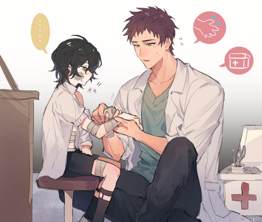 ..., 2boys, bandages, black_hair, black_pants, black_shorts, black_socks, blouse, brown_eyes, brown_hair, chair, child, doctor, first_aid_kit, green_shirt, highres, indoors, kneehighs, lab_coat, multiple_boys, murase_takuma, nocolour, pants, scissors, shirt, shorts, slow_damage, socks, speech_bubble, sweatdrop, towa_(slow_damage)