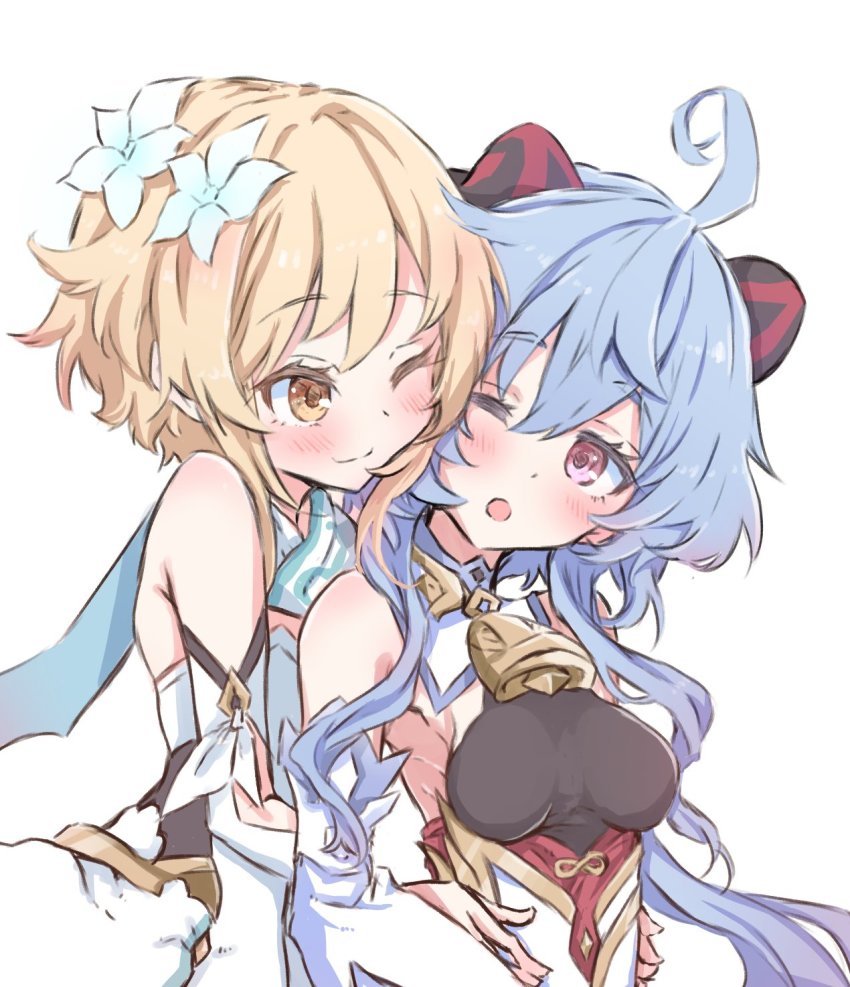 2girls, ahoge, bare_shoulders, bell, blonde_hair, blue_hair, blush, breasts