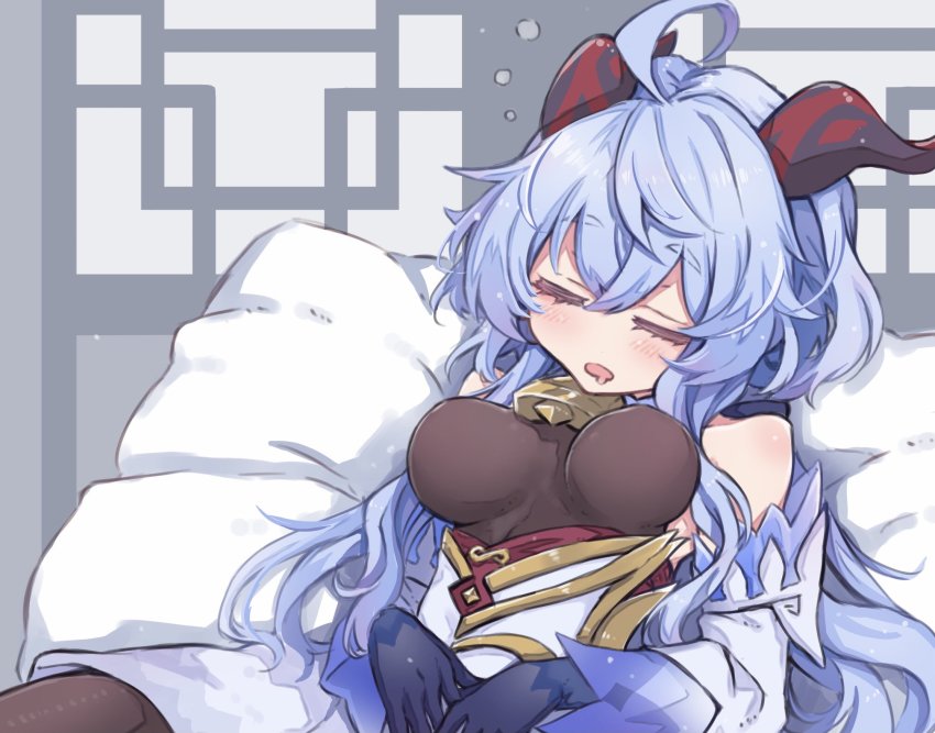 1girl, ahoge, bare_shoulders, bell, blue_gloves, blue_hair, breasts, closed_eyes, detached_sleeves, drooling, ganyu_(genshin_impact), genshin_impact, gloves, highres, long_hair, lying, medium_breasts, neck_bell, nwon'yo_pasun, on_side, pillow, sidelocks, sleeping, solo, upper_body, white_sleeves