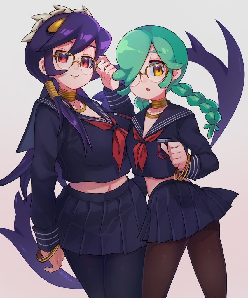 184nx, 2girls, :o, adjusting_eyewear, annie_(skullgirls), bracelet, braid, collarbone, cosplay, cowboy_shot, eyepatch, fate/extra, fate_(series), filia_(skullgirls), green_hair, highres, jewelry, long_hair, multiple_girls, necklace, pantyhose, pleated_skirt, purple_hair, rani_viii, rani_viii_(cosplay), red_eyes, sailor_collar, samson_(skullgirls), school_uniform, semi-rimless_eyewear, skirt, skullgirls, smile, twin_braids, yellow_eyes