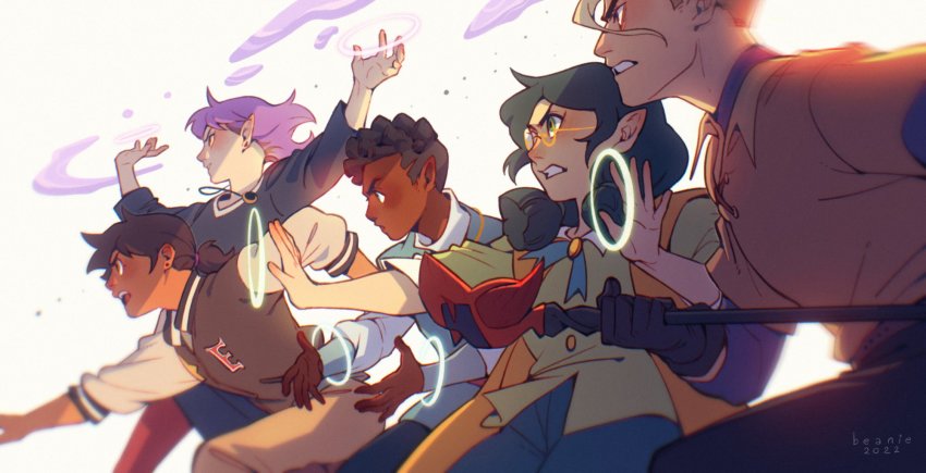 2boys, 3girls, amity_blight, beaniewinnie96, black_hair, blonde_hair, brown_hair, dark-skinned_female, dark-skinned_male, dark_skin, flapjack_(the_owl_house), glasses, gus_porter, highres, hunter_(the_owl_house), jacket, jewelry, letterman_jacket, luz_noceda, magic, magic_circle, multiple_boys, multiple_girls, necklace, open_mouth, ponytail, purple_hair, serious, short_ponytail, staff, the_owl_house, willow_park