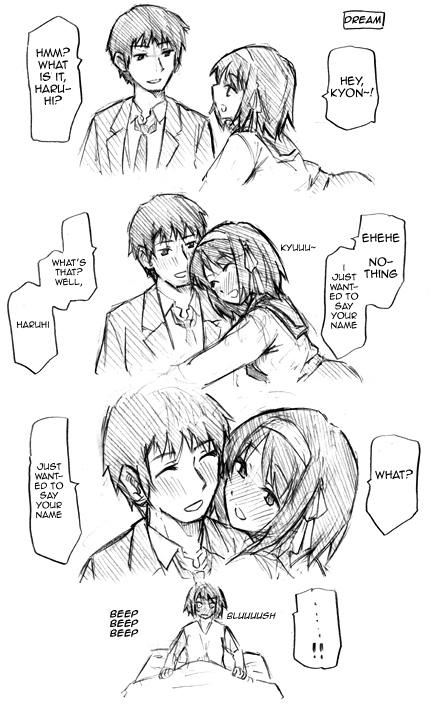 1boy, 1girl, bed, blush, comic, dreaming, english_text, greyscale