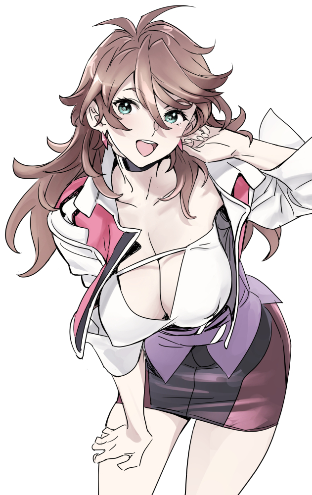 1girl, black_skirt, blue_eyes, breasts, brown_hair, cleavage, collarbone, earrings