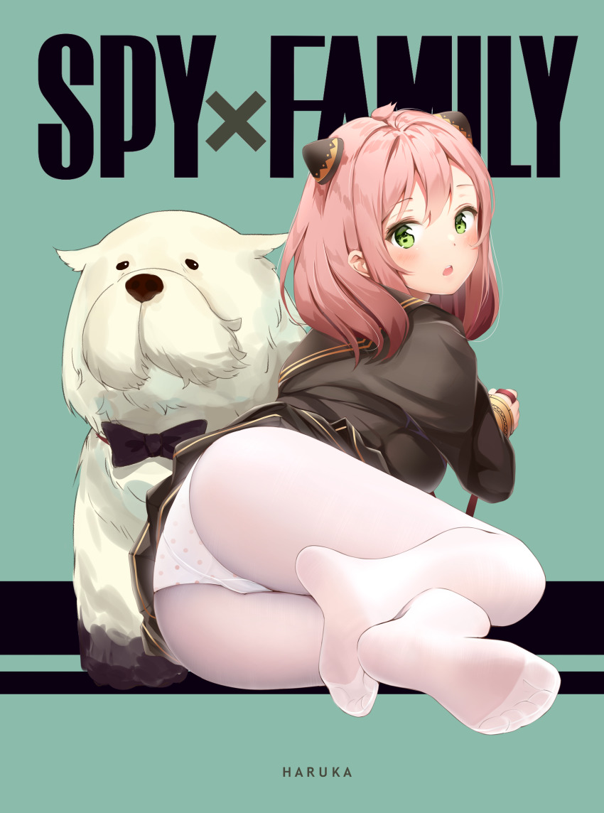 1girl, absurdres, animal, anya_(spy_x_family), artist_name, black_background, black_sailor_collar, black_serafuku, black_shirt, black_skirt, blouse, bond_(spy_x_family), copyright_name, dog, full_body, green_background, green_eyes, hair_between_eyes, haruka_poi, highres, holding, holding_leash, leash, long_hair, long_sleeves, no_shoes, panties, panties_under_pantyhose, pantyhose, pink_hair, polka_dot, polka_dot_panties, sailor_collar, school_uniform, serafuku, shirt, skirt, soles, spy_x_family, two-tone_background, underwear, white_panties, white_pantyhose