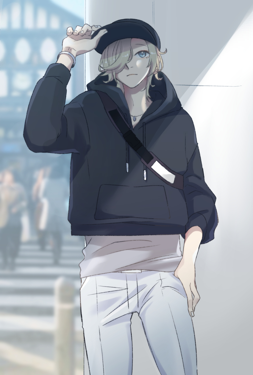 1boy, alternate_costume, baseball_cap, black_hat, black_hoodie, blonde_hair, blouse, blue_eyes