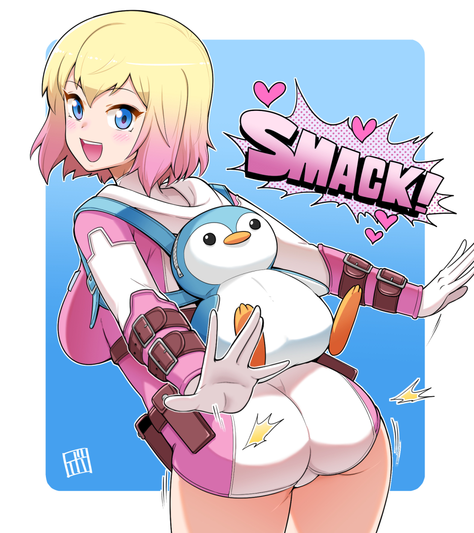 1girl, animification, ass, backpack, bag, blue_eyes, bowieknife, breasts, character_backpack, cropped_legs, gwenpool, heart, hooded_leotard, leotard, looking_back, marvel, multicolored_hair, multicolored_leotard, short_hair, smile, sound_effects, spanked, spanking, spanking_self, superhero_costume, thighs, two-tone_hair
