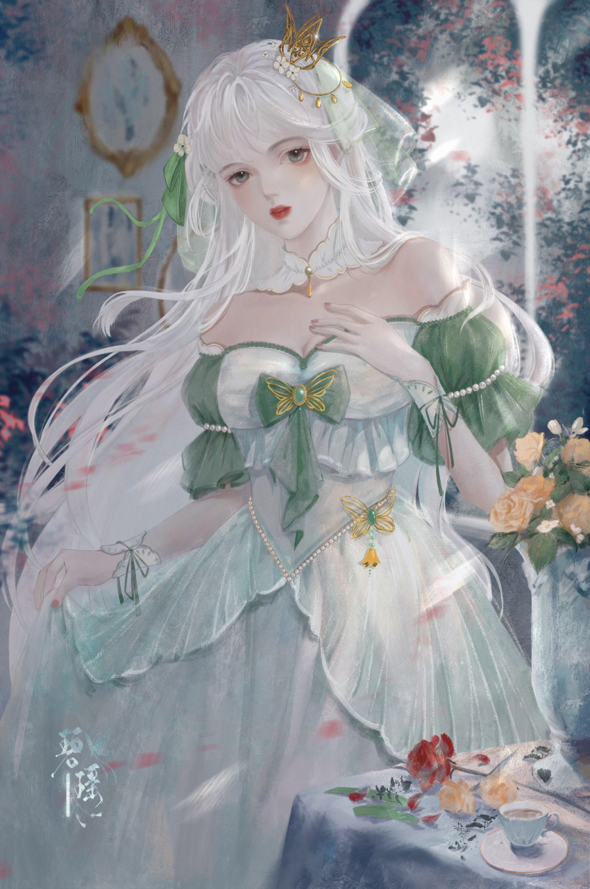 1girl, absurdres, bi_yao_(zhu_xian), clock, crown, dress, flower, highres, holding, holding_own_skirt, indoors, long_hair, mini_crown, skirt, solo, table, upper_body, vase, veil, white_dress, white_hair, zhehua_ran_luyi, zhu_xian