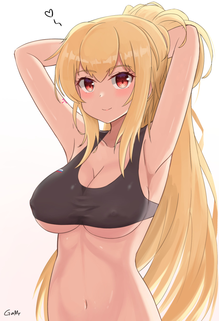 1girl, artist_name, blonde_hair, breasts, cleavage, gamryous, girls'_frontline, hands_in_own_hair