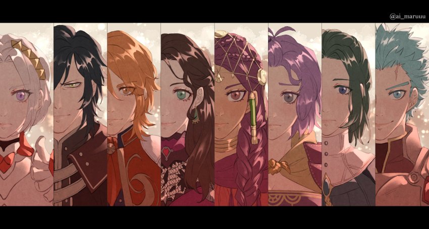 4boys, 4girls, aimaru, alternate_costume, alternate_hairstyle, armor, bernadetta_von_varley, blue_eyes, blue_hair, brown_hair, cape, caspar_von_bergliez, dark-skinned_female, dark_skin, dorothea_arnault, edelgard_von_hresvelg, ferdinand_von_aegir, fire_emblem, fire_emblem:_three_houses, fire_emblem_warriors, fire_emblem_warriors:_three_hopes, gloves, green_eyes, green_hair, hair_ornament, hair_ribbon, highres, hubert_von_vestra, linhardt_von_hevring, long_hair, looking_at_viewer, multiple_boys, multiple_girls, nintendo, official_alternate_costume, official_alternate_hairstyle, orange_hair, petra_macneary, purple_eyes, purple_hair, red_cape, ribbon, short_hair, smile, topknot, white_hair