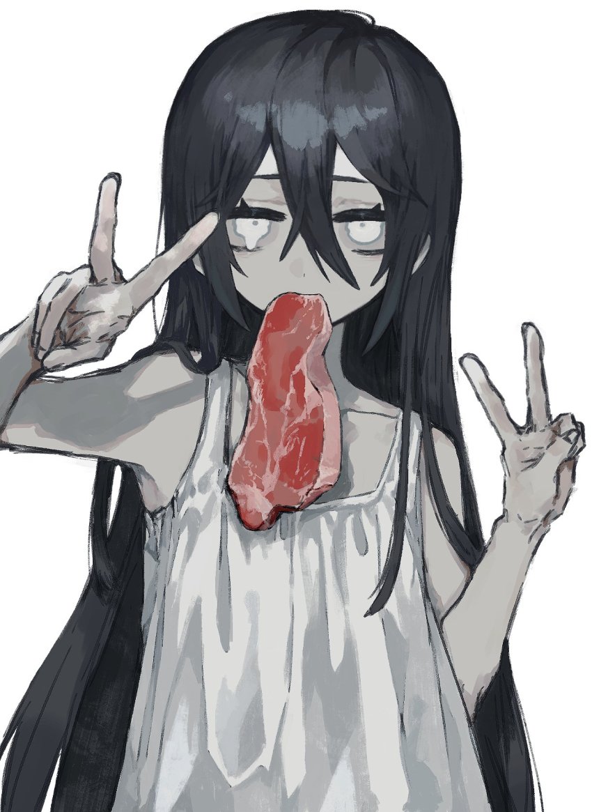 1girl, black_hair, commentary, double_v, dress, food, hair_between_eyes, highres, long_hair, looking_at_viewer, meat, mouth_hold, original, pale_skin, raw_meat, simple_background, sleeveless, sleeveless_dress, solo, untranslatable_commentary, taezuodoru_0, v, very_long_hair, white_background, white_dress, white_eyes