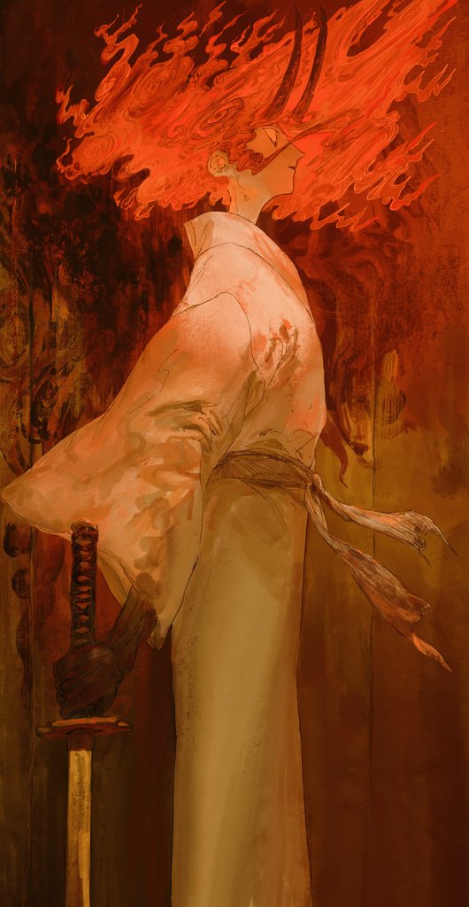 1boy, black_horns, feet_out_of_frame, fiery_hair, holding, holding_sword, holding_weapon, horns