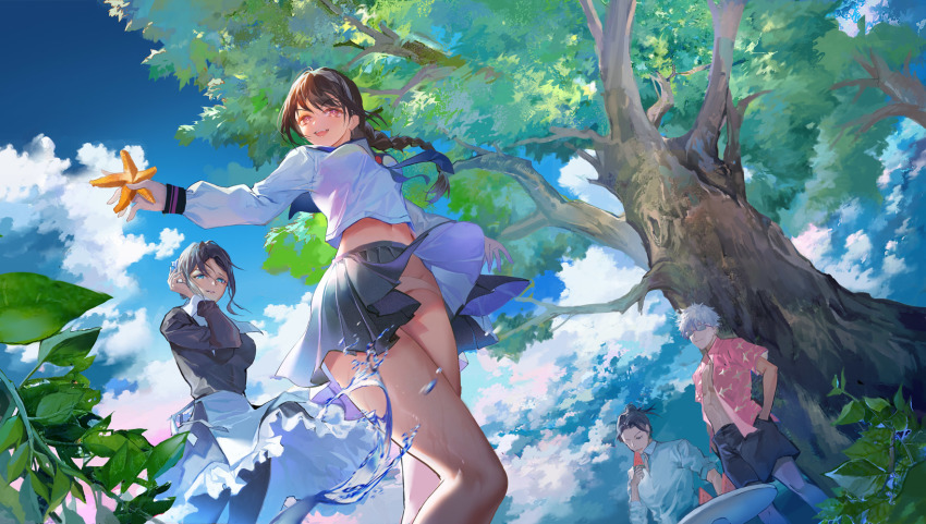 2boys, 2girls, amanai_riko, apron, black_hair, blouse, blue_eyes, braid, braided_ponytail, brown_hair, chinese_commentary, cloud, cloudy_sky, commentary, commentary_request, day, eating, english_commentary, food, frills, from_below, fruit, geto_suguru, glasses, gojo_satoru, hair_bun, hand_in_own_hair, hands_in_pockets, hat, highres, holding, jujutsu_kaisen, kuroi_misato, leaf, long_sleeves, looking_at_another, looking_at_viewer, maid, maid_apron, minty0, mixed-language_commentary, mob_cap, multiple_boys, multiple_girls, navel, open_mouth, panties, pectorals, pink_eyes, pink_shirt, round_table, school_uniform, shirt, short_hair, shorts, single_hair_bun, skirt, sky, smile, splashing, standing, starfish, table, teeth, tree, unbuttoned, unbuttoned_shirt, underwear, upper_teeth_only, waist_apron, water, watermelon, watermelon_slice, white_hair, wind