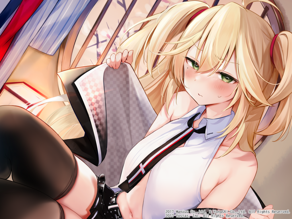 1girl, admiral_hipper_(azur_lane), admiral_hipper_(muse)_(azur_lane), ahoge, azur_lane, bare_shoulders, black_thighhighs, blonde_hair