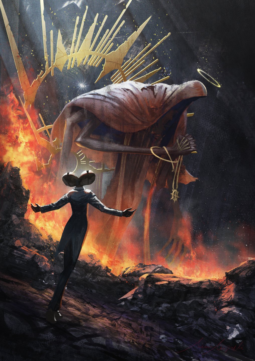 2others, blue_archive, cloak, crack, dutch_angle, extra_arms, fire, from_behind