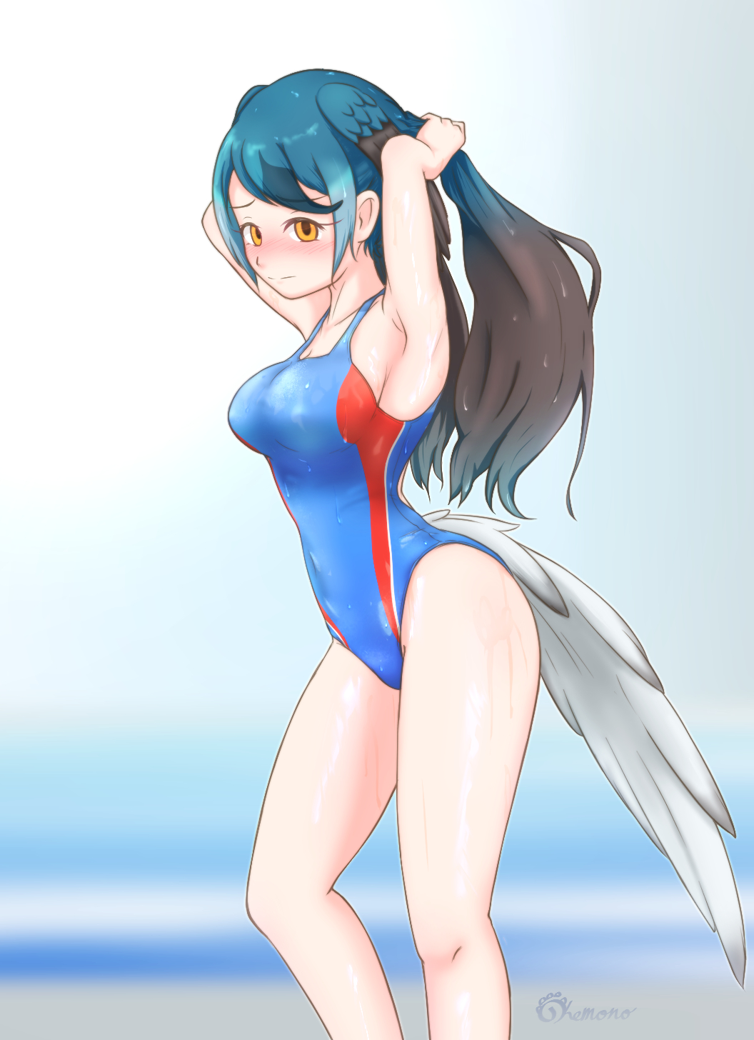 1girl, bird_tail, black_hair, blue_hair, blue_one-piece_swimsuit, commentary_request, competition_swimsuit, cowboy_shot, gradient_hair, highres, kemono_friends, long_hair, multicolored_hair, nokemono-san_(bocchi_friend), one-piece_swimsuit, passenger_pigeon_(kemono_friends), solo, standing, swimsuit, tail, yellow_eyes