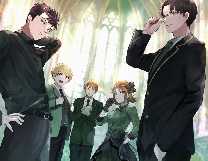 1girl, 4boys, :d, adjusting_clothes, adjusting_eyewear, adjusting_gloves, alternate_hairstyle, arm_behind_head