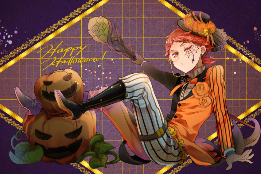 1boy, akai_higasa, alternate_costume, asymmetrical_clothes, asymmetrical_jacket, asymmetrical_pants, black_boots, black_gloves, black_hat, black_jacket, blouse, boots, boutonniere, coattails, earrings, feet_up, flower, frilled_shirt_collar, frills, full_body, gloves, halloween, happy_halloween, hat, hat_flower, heine_wittgenstein, high_heel_boots, high_heels, holding, holding_staff, jack-o'-lantern, jacket, jewelry, looking_at_viewer, male_focus, mini_hat, monocle, multicolored_jacket, neck_ribbon, one_eye_closed, orange_eyes, orange_flower, orange_jacket, orange_ribbon, orange_rose, oushitsu_kyoushi_heine, outstretched_arm, pants, puckered_lips, pumpkin, purple_background, red_hair, ribbon, rose, shirt, short_hair, sitting, solo, spider_web_tattoo, staff, striped_clothes, striped_pants, stud_earrings, tailcoat, tattoo, two-tone_jacket, two-tone_pants, vertical-striped_clothes, vertical-striped_pants, white_pants, white_shirt