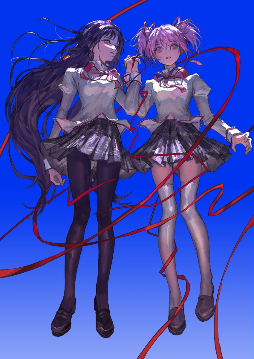 2girls, absurdres, akemi_homura, black_footwear, black_hair, black_pantyhose, black_skirt, blouse, blue_background, full_body, gradient_background, hair_ribbon, hand_up, highres, holding_hands, interlocked_fingers, kaname_madoka, long_hair, looking_at_another, looking_at_viewer, mahou_shoujo_madoka_magica, mahou_shoujo_madoka_magica_(anime), mitakihara_school_uniform, multiple_girls, neck_ribbon, open_mouth, pantyhose, pink_eyes, pink_hair, plaid_clothes, plaid_skirt, purple_eyes, red_ribbon, ribbon, school_uniform, shirt, shoes, short_hair, short_twintails, simple_background, skirt, thighhighs, twintails, white_shirt, white_thighhighs, yangshu893