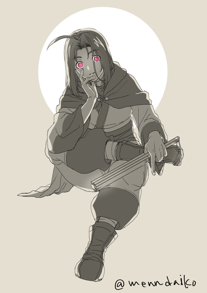 1boy, ahoge, ainu_clothes, aquaplus, boots, crossed_legs, dark, dark_persona