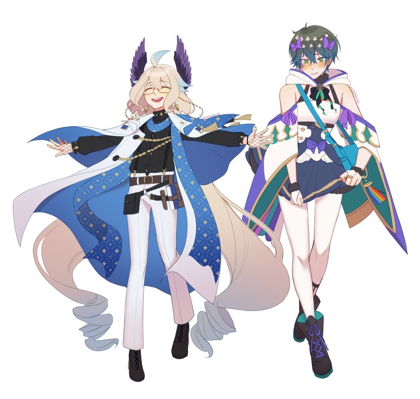 1boy, 1girl, absurdly_long_hair, absurdres, ahoge, aqua_nails, bag, bird_girl, black_footwear, black_shirt, blonde_hair, blouse, blue_bag, blue_bow, blue_capelet, blue_dress, blue_footwear, blue_hair, blue_scarf, blush, book, boots, bow, bracelet, bridal_gauntlets, brown_hair, capelet, closed_eyes, cosplay, costume_switch, detached_sleeves, dress, embarrassed, enna_alouette, enna_alouette_(cosplay), eyewear_strap, fishnet_gloves, fishnets, flower, full_body, fur_bracelet, glasses, gloves, green_eyes, hair_flower, hair_ornament, handbag, head_wings, highres, holding_own_dress, ike_eveland, ike_eveland_(1st_costume), ike_eveland_(cosplay), jewelry, long_hair, long_sleeves, low_twintails, mechanical_wings, multicolored_clothes, multicolored_hair, nail_polish, nijisanji, nijisanji_en, nrnmarie, open_mouth, pants, pantyhose, purple_bow, purple_dress, purple_eyes, purple_wings, scarf, semi-rimless_eyewear, shirt, shoes, short_hair, sleeveless, suspenders, twintails, very_long_hair, virtual_youtuber, white_background, white_capelet, white_flower, white_hood, white_pants, white_pantyhose, wings