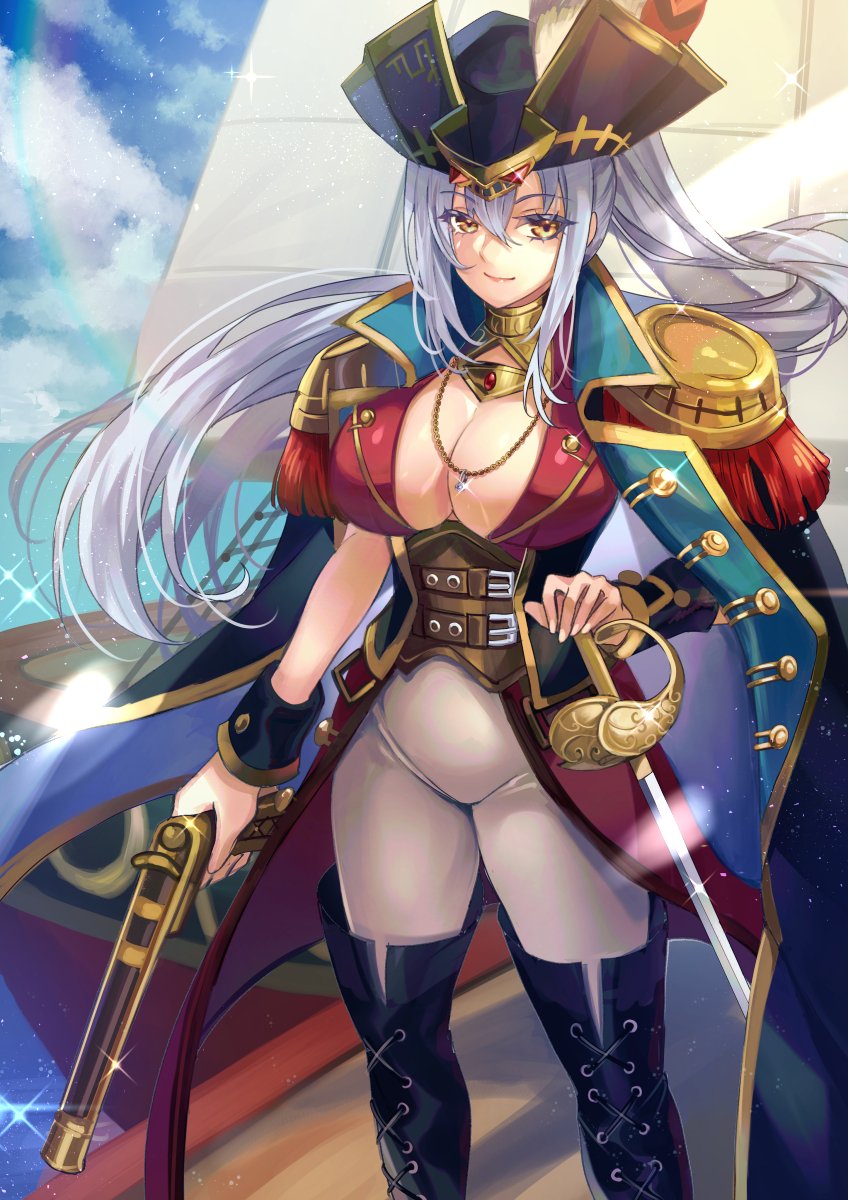 azur_lane, blouse, boots, breasts, commission, cosplay, cowboy_shot, drake_(azur_lane)