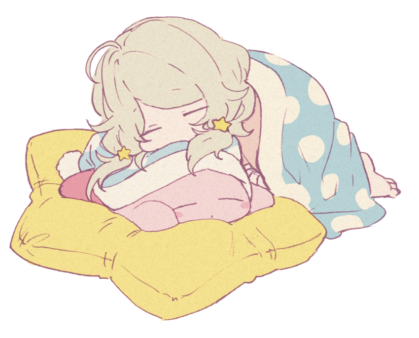 1girl, 1other, =_=, ahoge, blonde_hair, blush_stickers, crossover, flat_color