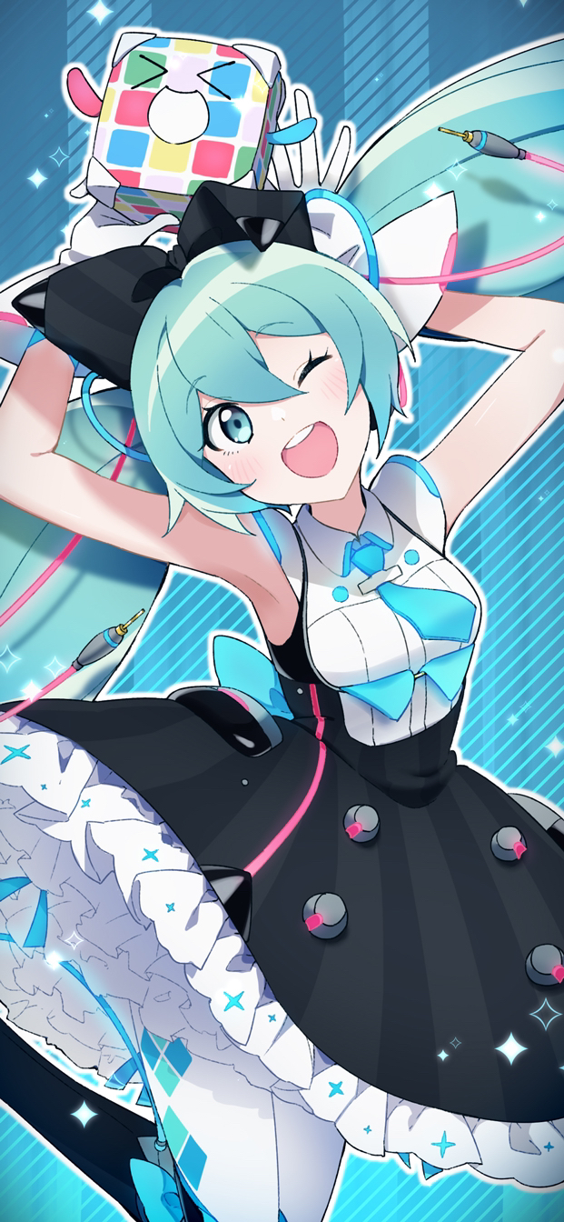 >_<, 1girl, 39_music_(vocaloid), agonasubi, aqua_eyes, aqua_hair, aqua_necktie, argyle, armpits, arms_up, bare_arms, black_bow, black_dress, black_footwear, blue_background, bow, cable, commentary, cowboy_shot, creature, cube, dress, frilled_dress, frills, gloves, hair_bow, hatsune_miku, highres, holding, holding_creature, hoop_skirt, leg_up, long_hair, looking_up, magical_mirai_(vocaloid), magical_mirai_miku, magical_mirai_miku_(2016), necktie, neon_trim, one_eye_closed, open_mouth, short_necktie, sleeveless, sleeveless_dress, smile, twintails, very_long_hair, vocaloid, white_gloves, white_legwear