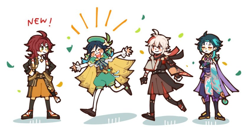 4boys, ahoge, asymmetrical_gloves, beret, black_hair, blue_hair, blush, corset, eyeliner, facial_mark, flower, frilled_sleeves, frills, genshin_impact, gloves, gradient_hair, green_eyes, green_hair, green_headwear, green_shorts, hakama, hakama_shorts, hat, hat_flower, ivority, japanese_clothes, kaedehara_kazuha, leaf, long_hair, long_sleeves, looking_to_the_side, low_ponytail, makeup, male_focus, multicolored_hair, multiple_boys, orange_shorts, ponytail, red_eyeliner, red_eyes, red_hair, red_legwear, shikanoin_heizou, short_hair, short_sleeves, shorts, smile, standing, two-tone_hair, venti_(genshin_impact), vision_(genshin_impact), white_background, white_hair, white_legwear, xiao_(genshin_impact)