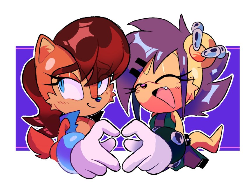 2girls, ^_^, alternate_hair_length, alternate_hairstyle, animal_ears, animal_nose, averting_eyes, bare_shoulders, blue_eyes, blue_vest, blush, body_fur, border, bottomless, breasts, brown_fur, brown_hair, closed_eyes, closed_mouth, dress, earrings, fang, female_focus, flat_chest, from_side, furry, furry_female, furry_with_furry, gloves, hair_ornament, hairclip, happy, heart, heart_hands, heart_hands_duo, highres, jewelry, light_blush, long_hair, looking_to_the_side, mina_mongoose, multicolored_dress, multiple_earrings, multiple_girls, open_clothes, open_mouth, open_vest, orange_fur, outline, outside_border, purple_background, purple_hair, sally_acorn, short_hair, sidelocks, sideways_mouth, simple_background, sleeveless, sleeveless_dress, small_breasts, smile, sonic_(series), sonic_the_hedgehog_(archie_comics), stellarspin, tail, two-tone_fur, upper_body, vest, white_border, white_gloves, white_outline, yellow_fur, yuri