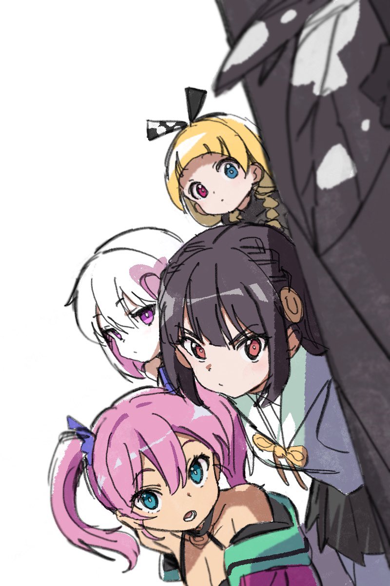 4girls, alyce_(dohna_dohna), aqua_eyes, bare_shoulders, black_hair, black_skirt, blonde_hair, blue_eyes