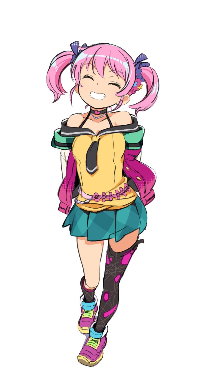 1girl, asymmetrical_legwear, bare_shoulders, choker, dohna_dohna_issho_ni_warui_koto_o_shiyou, closed_eyes, full_body, hair_ribbon