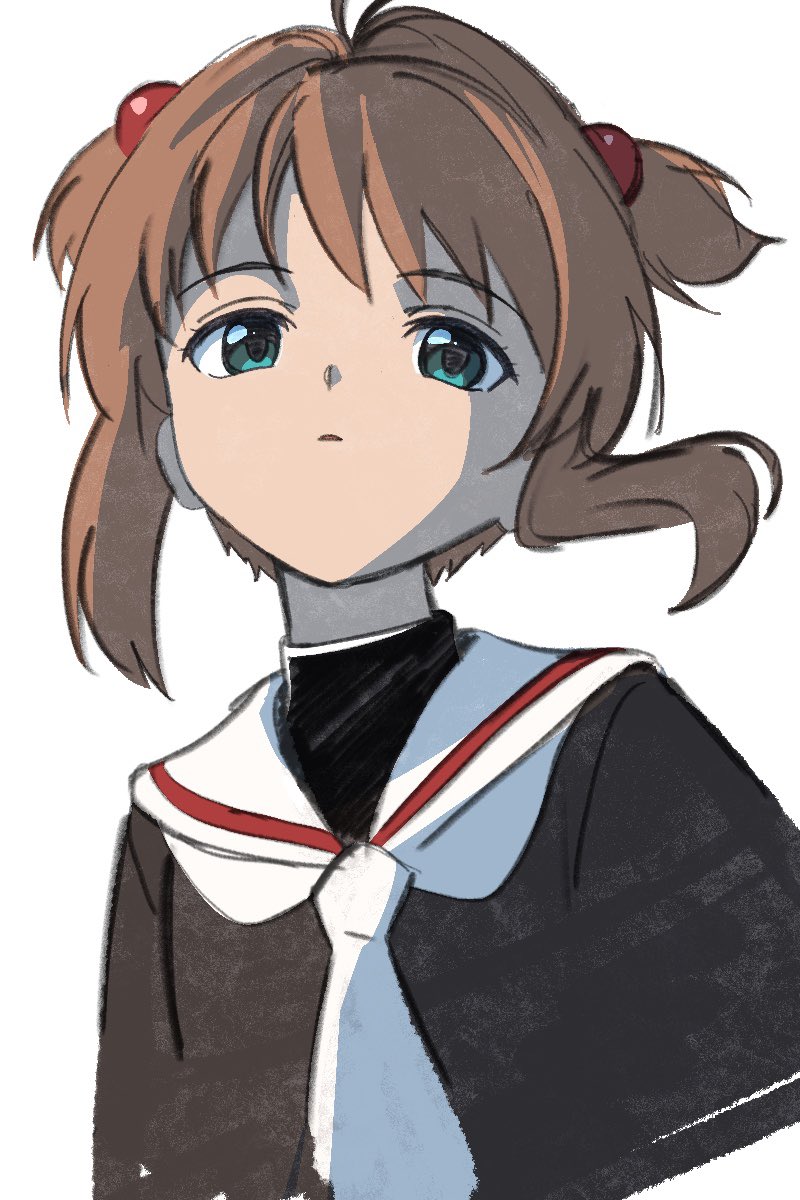 1girl, brown_hair, cardcaptor_sakura, expressionless, green_eyes, hair_bobbles, hair_ornament, highres