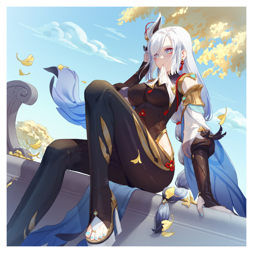 1girl, absurdres, aqua_nails, arm_at_side, armor, autumn, black_bodysuit, blue_eyes, blush, bodysuit, border, breasts, bridal_legwear, clothing_cutout, cloud, day, detached_sleeves, dutch_angle, earrings, falling_leaves, feathers, feet_out_of_frame, genshin_impact, ginkgo_leaf, hair_ornament, hair_over_one_eye, hand_up, high_heels, highres, hip_vent, jewelry, knee_up, large_breasts, leaf, long_hair, looking_away, low-tied_long_hair, mouth_hold, multi-tied_hair, naglus, nail_polish, nature, outdoors, puffy_sleeves, shenhe_(genshin_impact), shoulder_armor, sitting, solo, tassel, tassel_earrings, toeless_legwear, toenail_polish, toenails, very_long_hair, white_border