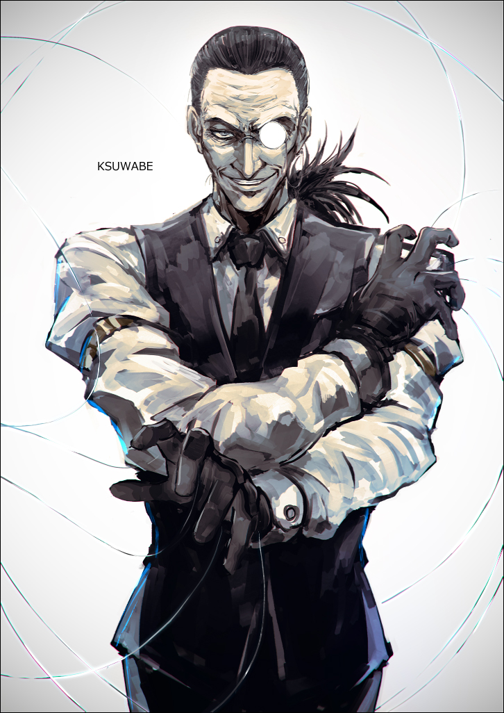 1boy, artist_name, black_gloves, black_hair, black_necktie, blouse, clenched_teeth, commentary_request