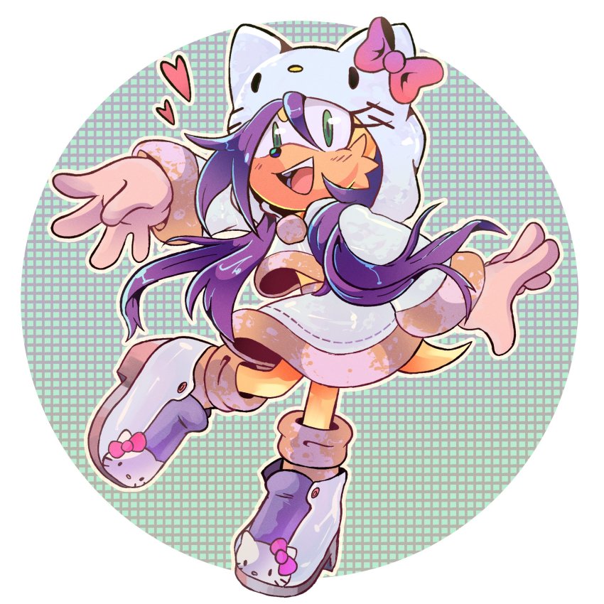 1girl, alternate_costume, animal_hood, animal_nose, aqua_background, arms_up, blue_boots, blue_skirt