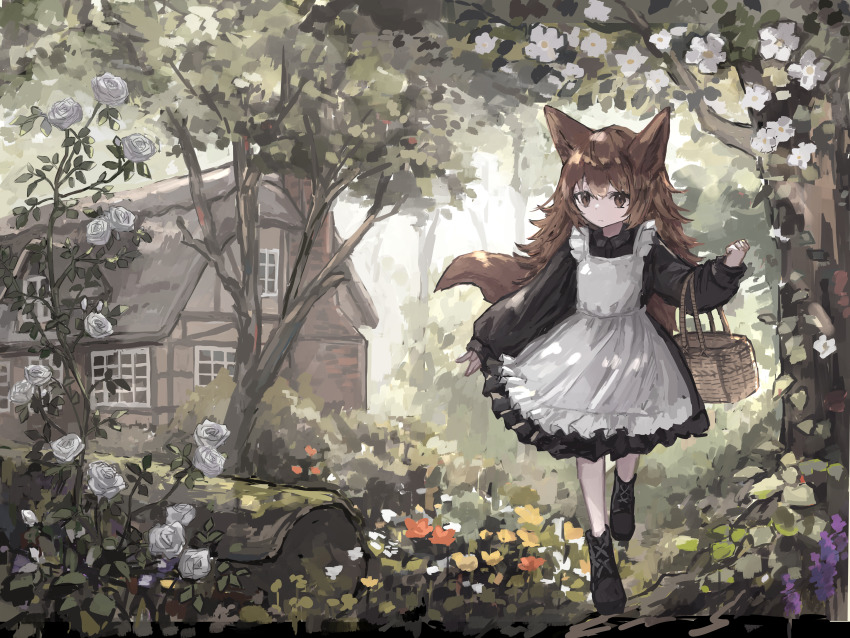 1girl, absurdres, animal_ears, apron, basket, black_dress, brown_hair, dress