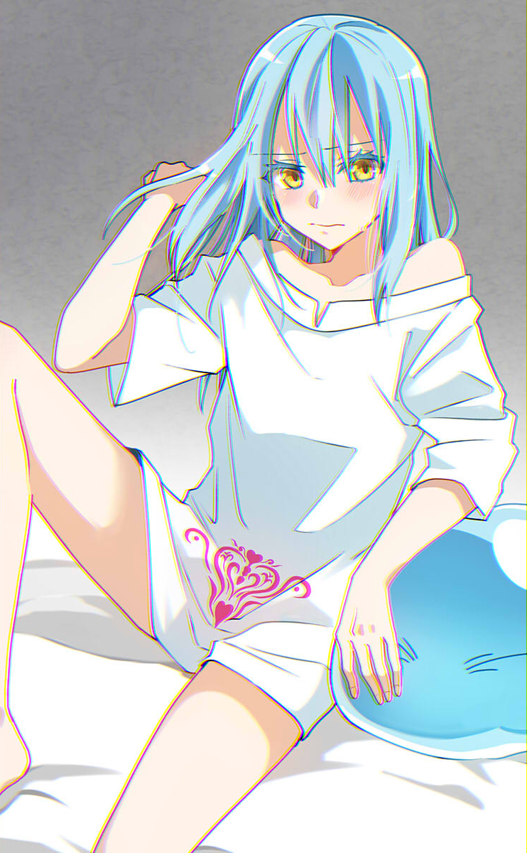 1other, bare_legs, bed_sheet, blouse, blue_hair, blush, closed_mouth, collarbone