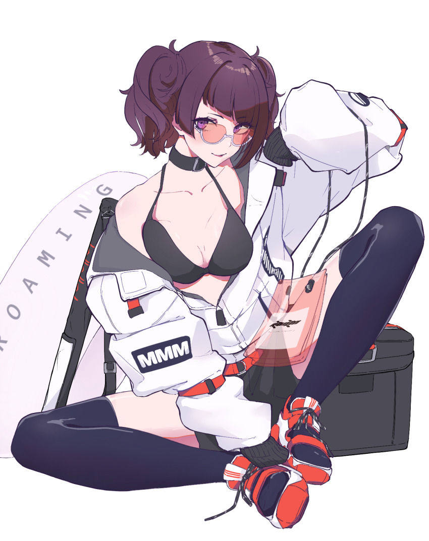 1girl, bikini, black_bikini, black_thighhighs, breasts, cleavage, collar, diagonal_bangs