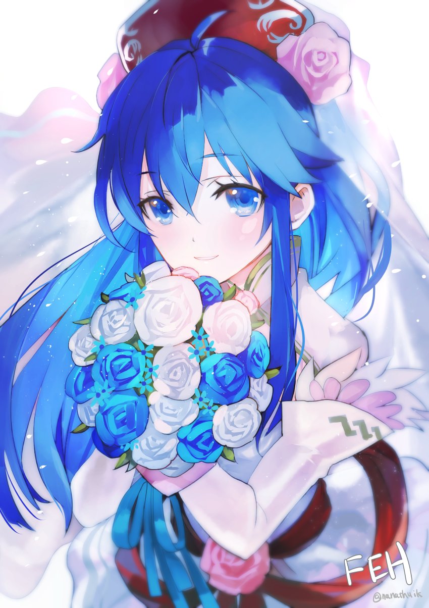 1girl, blue_eyes, blue_hair, bouquet, dress, elbow_gloves, feather_trim, fire_emblem