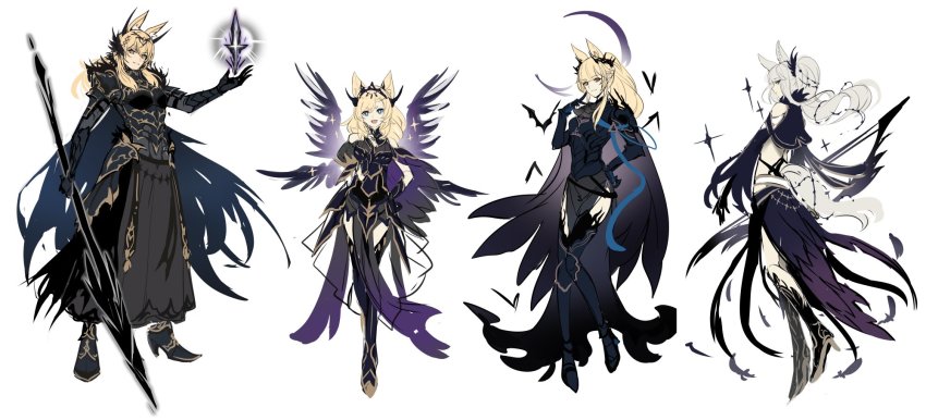 4girls, alternate_costume, animal_ears, arknights, armor, bat_(animal), black_armor, black_dress