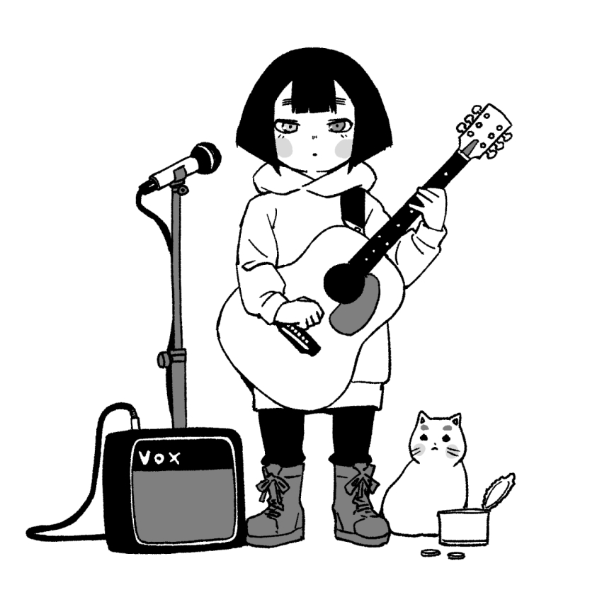 1girl, acoustic_guitar, amplifier, biwa_(heike_monogatari), blush_stickers, boots, bowl_cut, can