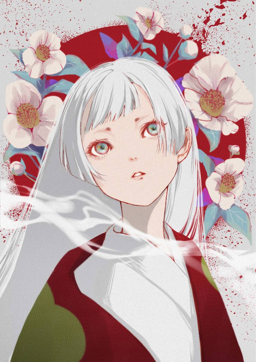 1girl, absurdres, biwa_(heike_monogatari), blunt_bangs, expressionless, flower, grey_eyes, heike_monogatari