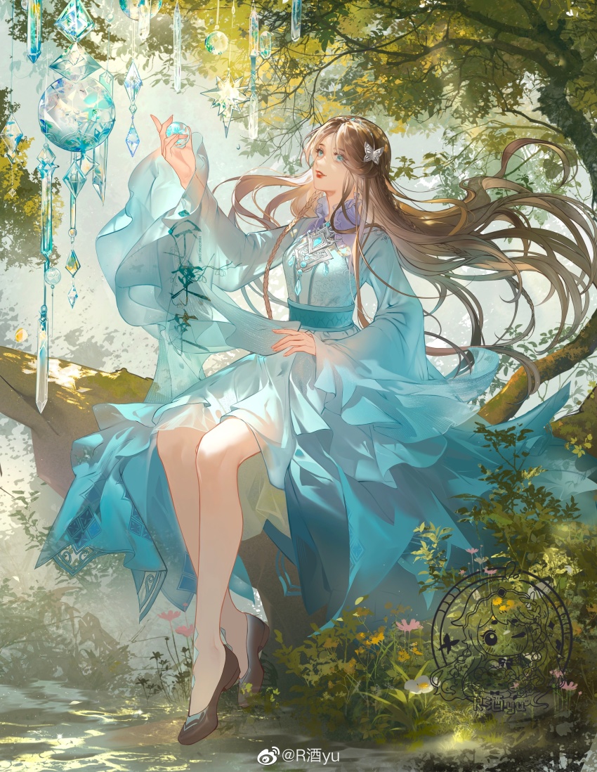 1girl, absurdres, blue_dress, blue_hair, douluo_dalu, dress, full_body, glass, grass, hand_up, highres, long_hair, looking_up, ning_rongrong_(douluo_dalu), outstretched_hand, r_jiu_yu, rock, sash, solo, vegetation