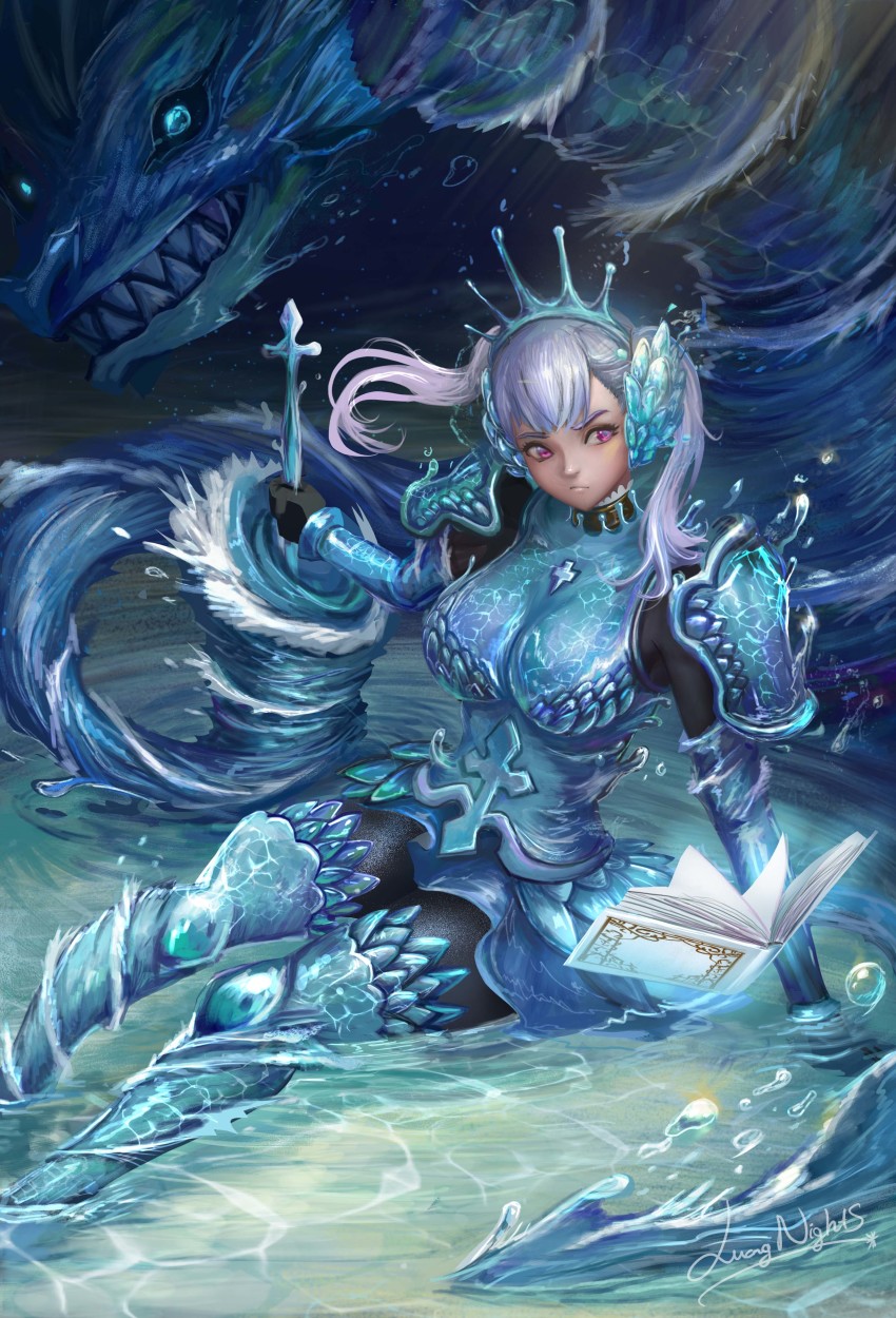 1girl, absurdres, arm_guards, arm_support, armor, armored_dress, black_clover, black_legwear, blue_armor, bodystocking, book, breasts, closed_mouth, dragon, dress, grey_hair, grimoire, highres, holding, holding_polearm, holding_weapon, hydrokinesis, large_breasts, leg_armor, liquid_clothes, long_hair, looking_to_the_side, nightsliice257, noelle_silva, partially_submerged, polearm, purple_eyes, shoulder_armor, signature, sitting, tiara, twintails, water, water_dragon, weapon