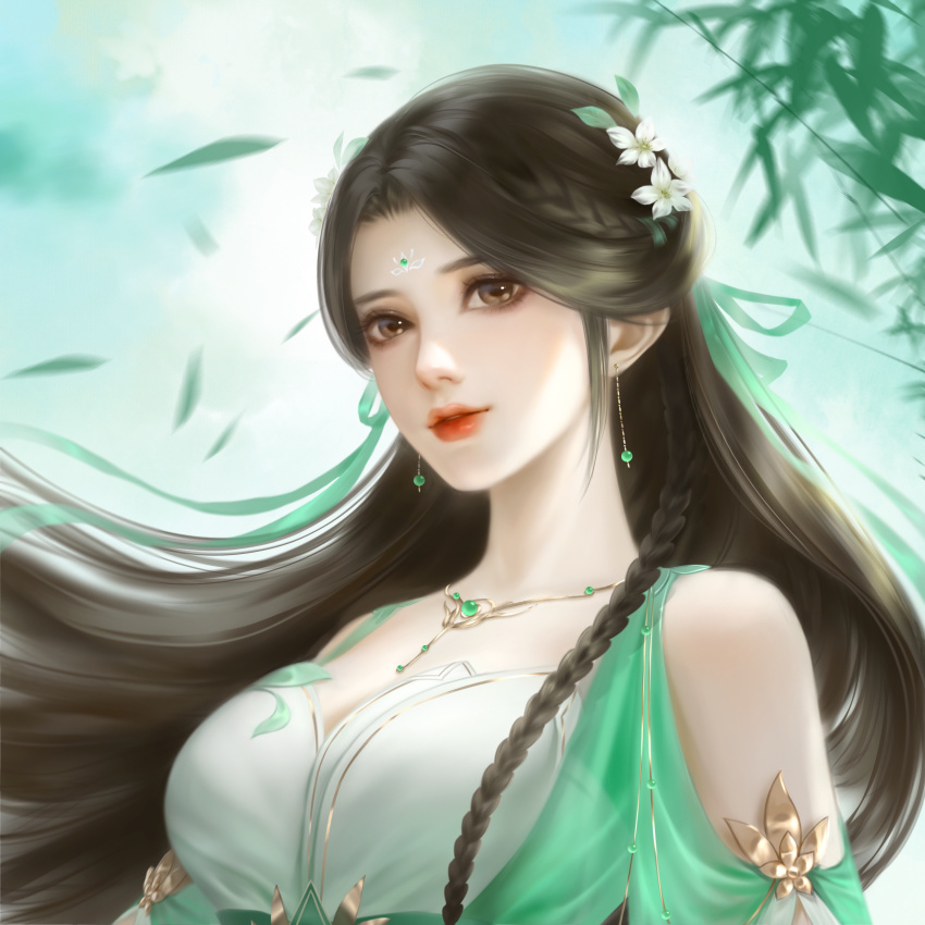 1girl, absurdres, bi_yao_(zhu_xian), braid, breasts, brown_eyes, brown_hair, earrings