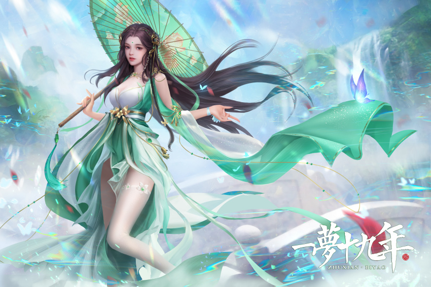 1girl, absurdres, asymmetrical_legwear, bi_yao_(zhu_xian), blue_sky, blurry, blurry_background, brown_hair, bug, butterfly, facial_mark, forehead_mark, glowing_butterfly, hair_ornament, highres, holding, holding_umbrella, insect, light, long_hair, mountain, open_mouth, sky, solo, umbrella, upper_body, water, waterfall, zhu_xian, zi_yue_feifei