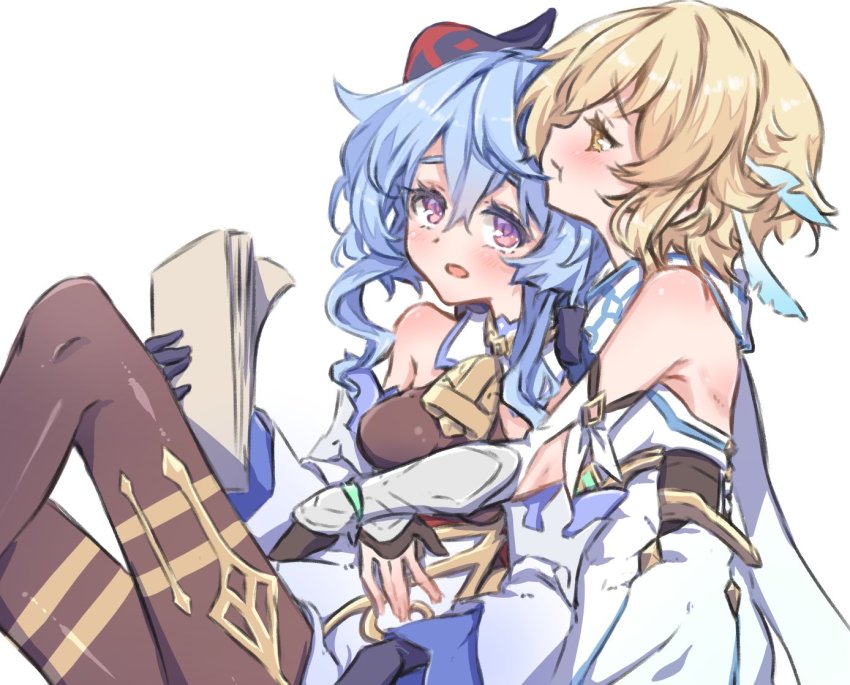 2girls, :t, bell, black_gloves, blonde_hair, blue_hair, blush, breasts