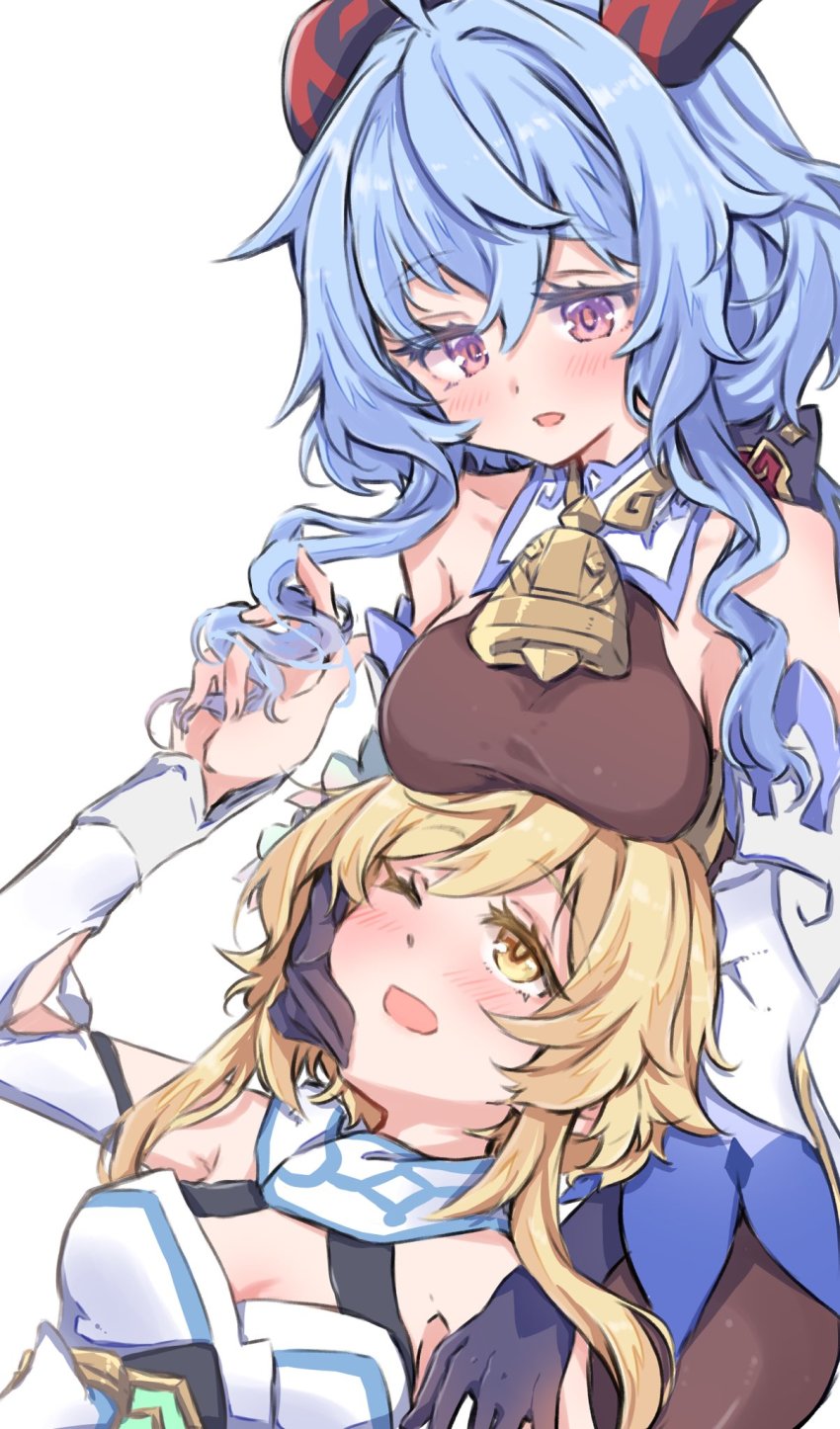 2girls, bare_shoulders, bell, black_gloves, blonde_hair, blue_hair, blush, breast_rest